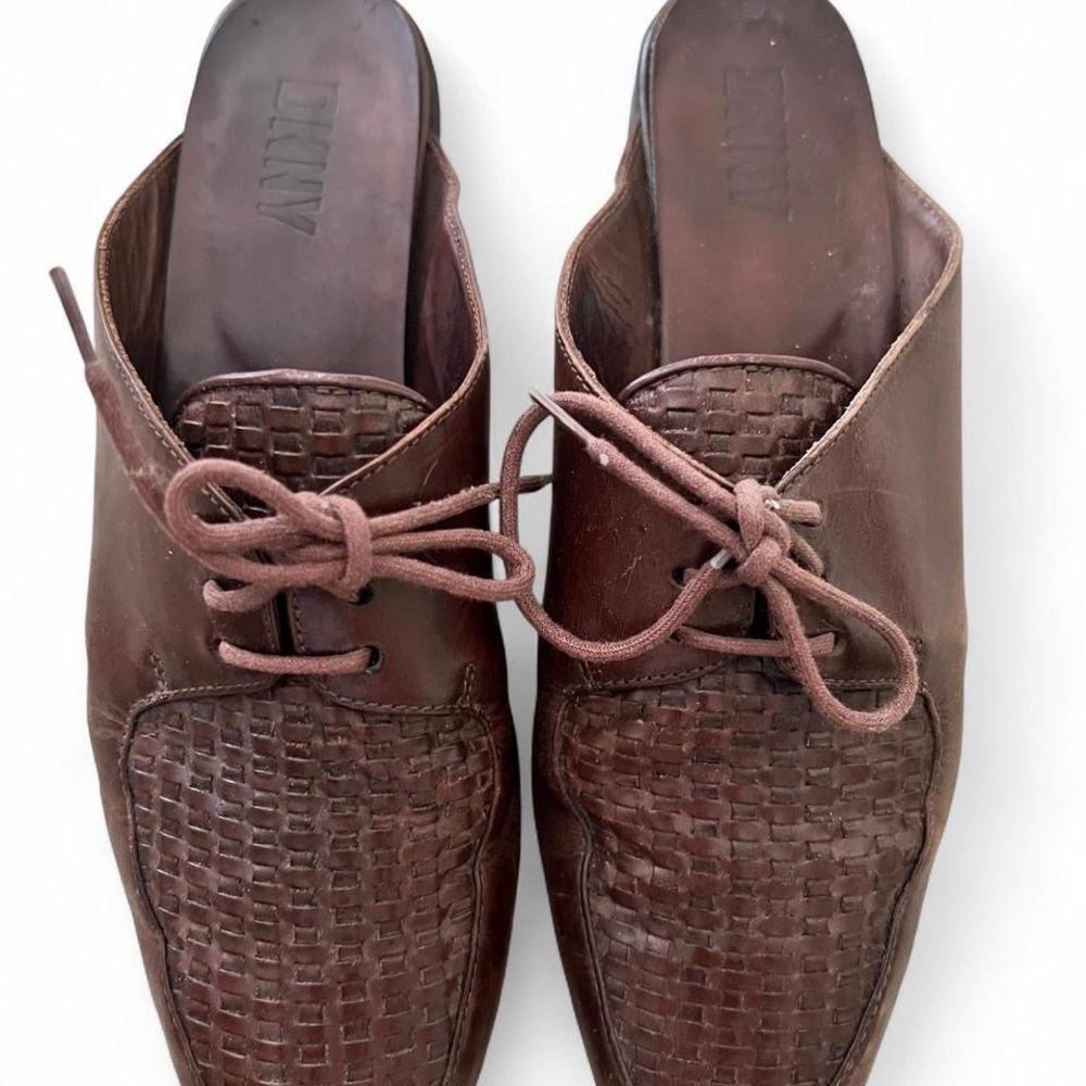 Donna Karan Brown Woven Leather Mules